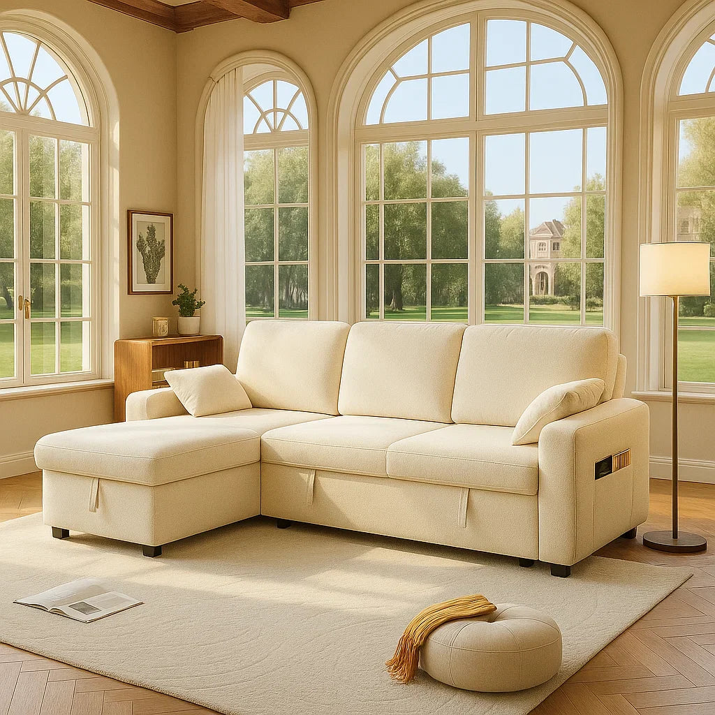 Modern sofa collection: L-shaped, sectional with storage, 2-in-1 convertible, pull-out bed, minimalist design, space-saving, comfortable, easy assembly, non-toxic, stylish living room furniture for small spaces. Perfect for home & apartment.